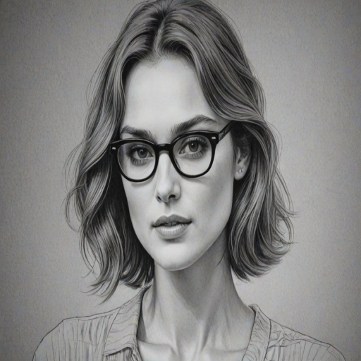 Attractive Keira Knightley, pencil sketch, portrait of Alluring woman 1945s in glasses, hair style beatnik, outline, clear lines, fine lines, 8k