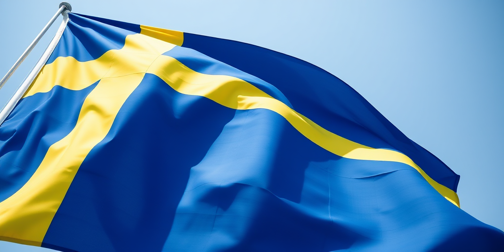 Create an image of the Swedish flag with vibrant colors, using a DSLR camera with a 50mm lens at f/4, 1/200s shutter speed, and ISO 100, shot in daylight from a straight-on perspective.