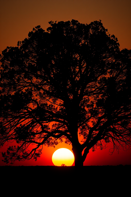 Generate a high-resolution black silhouette of a tree against a gradient sunset background, using a DSLR camera with a 50mm lens, aperture set to f/2.8, ISO 100, and a shutter speed of 1/200s, capturing a wide-angle view to enhance depth and detail.