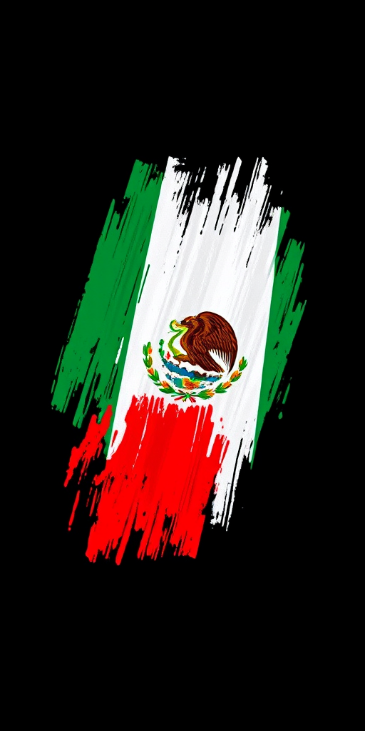 Create a vibrant and dynamic representation of the Mexican flag with a textured brushstroke effect on a dark background, using a DSLR camera with a 50mm lens, f/1.8 aperture, ISO 100, and a low angle view to enhance depth and color saturation.