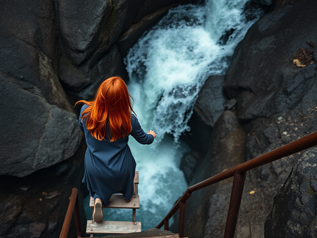 A woman with red hair climbing a wooden ladder over a rocky waterfall, captured from a high angle using a DSLR camera, aperture f/2.8, ISO 200, shutter speed 1/500 second, natural light, shallow depth of field.