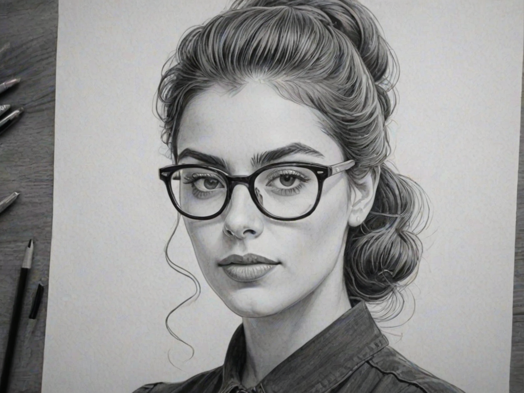 Gorgeous Lorenza Izzo, pencil sketch, portrait of Attractive woman 1952s in glasses, hair style beatnik, outline, clear lines, fine lines, 8k