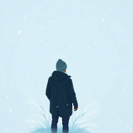 generate an illustration of a person standing in the snow with a light blue background, wearing a dark coat and hat, snowflakes falling softly, captured with a Canon EOS R5, 50mm lens, aperture f/1.8, ISO 100, shallow depth of field, top-down view, with a painterly style