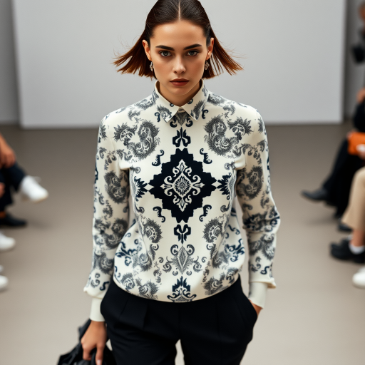 Capture the model from a high angle, emphasizing the outfit’s pattern and silhouette. Use a 35mm prime lens to maintain sharpness and minimize distortion