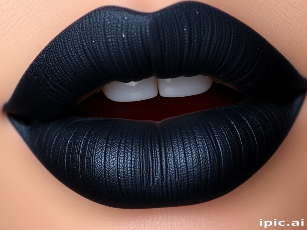 Charcoal gray lips with a smoky gradient effect, named "Midnight Haze," feature a velvety texture and subtle silver sparkle for sultry evening looks and night club scenes