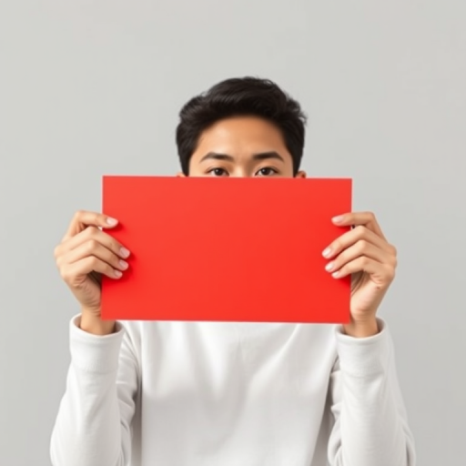 Create a digital illustration of a person holding a bright red rectangular sign in front of their face, with a plain light gray background, using a Canon EOS R5 with a 50mm lens, f/2.8 aperture, shooting in natural light for a soft appearance.