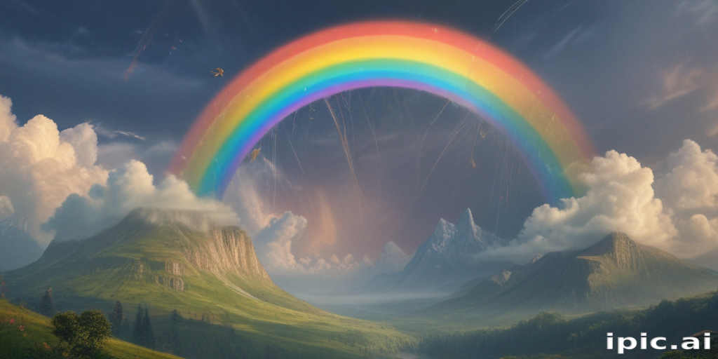 Vibrant Rainbow Arching Over Lush Mountains and Serene Valley Landscape