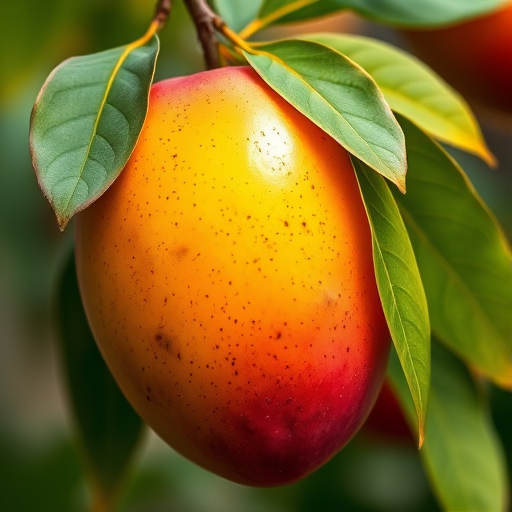 create a high-resolution digital illustration of a mango with vibrant colors and detailed leaves, using a DSLR camera with a 50mm lens, aperture set to f/2.8, ISO 100, and a shallow depth of field to enhance the fruit's texture and light reflections.