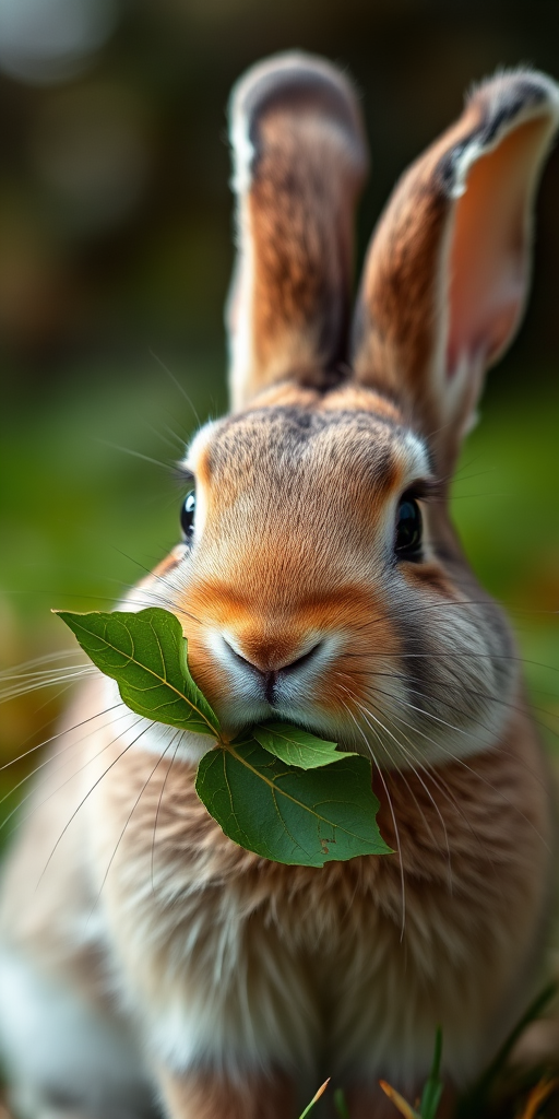 Create a close-up shot of a rabbit with soft fur, holding a leaf in its mouth, with a blurred natural background, using a DSLR camera with a 50mm lens, aperture set to f/2.8, ISO 200, and a shutter speed of 1/500 seconds.