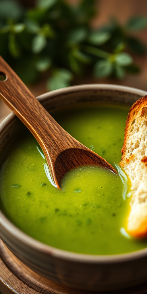 Create an image of a bowl of green soup with a wooden spoon and a slice of bread on the side, shot with a Canon EOS 5D Mark IV at f/2.8, 1/100 sec, ISO 200, natural light, macro view, soft focus, warm tones.