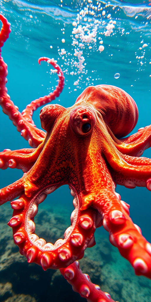 Underwater shot of a vibrant octopus in crystal clear water, with natural lighting, macro lens, f/2.8 aperture, ISO 100, 1/100 sec shutter speed, capturing intricate details of its texture and colors.