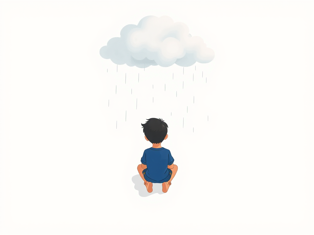 Generate an illustration of a boy sitting alone with a blue shirt and shorts, a cloud above him with rain falling, in a minimalist style with a soft color palette, using a Canon EOS R5, 50mm lens, f/1.8 aperture, ISO 100, natural light, top-down view to enhance depth and focus.