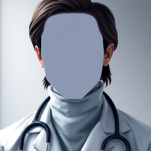 Create a highly detailed digital illustration of a faceless doctor wearing a white coat and stethoscope, shot with a Canon EOS R6, aperture f/2.8, 50mm lens, portrait view, soft focus background, high resolution.