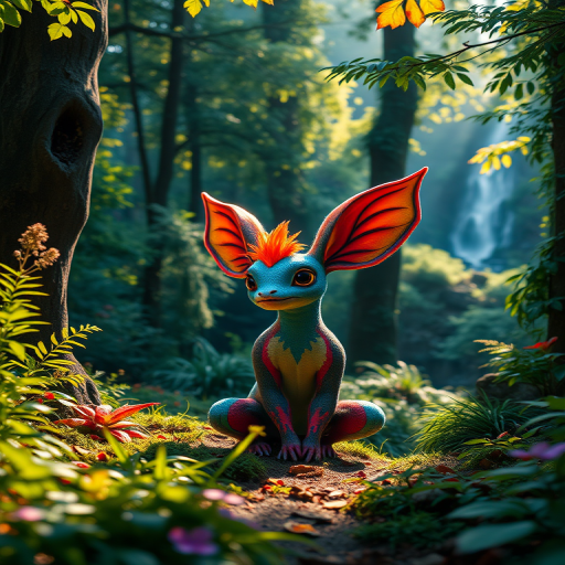 A vibrant fantasy forest scene featuring a colorful, mythical creature with large ears sitting gracefully at the center, surrounded by lush greenery, gentle sunlight filtering through the trees, and a distant waterfall; captured with a DSLR camera at f/1.8 aperture, ISO 100, 50mm lens, in landscape orientation.