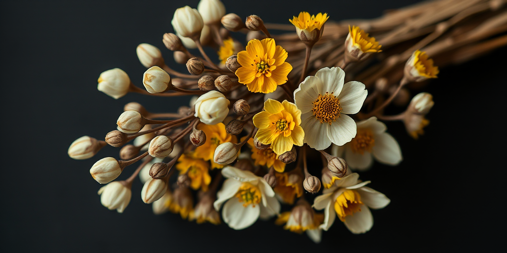 Regenerate a bouquet of dried flowers including white buds and yellow blooms on a black background, shot with a Canon EOS R5 at f/2.8, 50mm lens, ISO 100, 1/125 sec, with soft natural lighting to enhance details and colors.