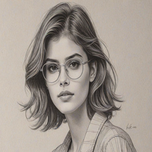 Radiant Kaia Gerber, pencil sketch, portrait of Resplendent woman 1980s in glasses, hair style beatnik, outline, clear lines, fine lines, 8k