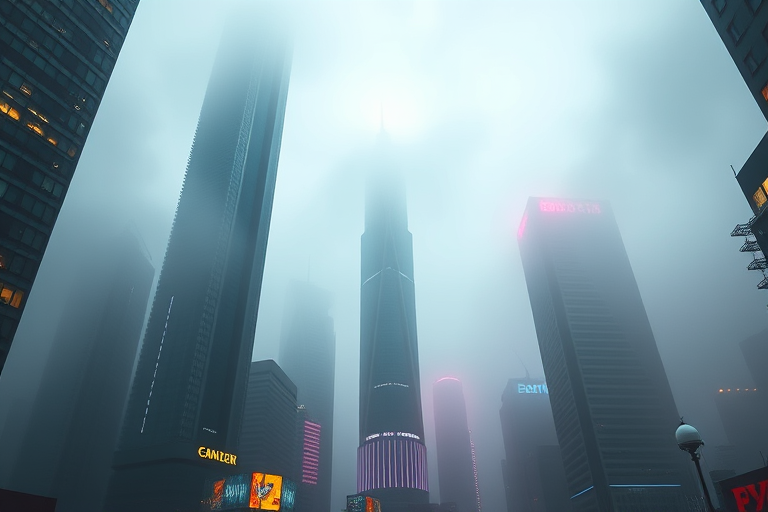 futuristic cityscape with towering skyscrapers and neon lights in a foggy atmosphere, DSLR camera, 35mm lens, f/2.8 aperture, ISO 100, shutter speed 1/125 sec, low angle view, high dynamic range imaging