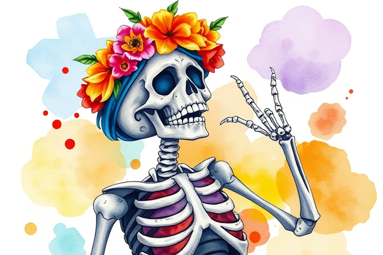 Create a vibrant watercolor illustration of a skeleton character with a floral crown, colorful attire, and a playful pose, using a Canon EOS R5, 50mm lens, f/1.8 aperture, ISO 100, and soft natural lighting for enhanced image quality.