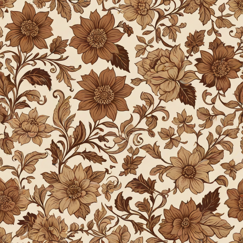 Create a seamless floral pattern featuring large brown and beige flowers with intricate designs, accompanied by smaller flowers and gentle vines on a light beige background.