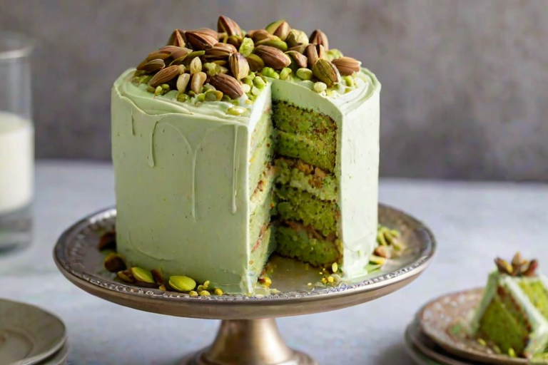 Create an image of a layered cake with a rich pistachio frosting. The cake should be displayed on a decorative cake stand, with a slice cut out to show the layers. The frosting should be smooth and topped with chopped pistachios for garnish. The background should be light and simple to highlight the cake.