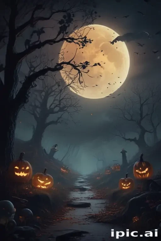 A Spooky Halloween Night with Full Moon and Grinning Pumpkins