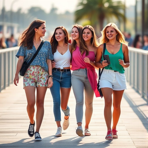 A group of young women walking together on a sunlit promenade, captured with a Canon EOS R5, 50mm lens, f/1.8 aperture, ISO 100, 1/200s shutter speed, in shallow depth of field for a soft background blur, emphasizing the vibrant colors and details of their outfits.