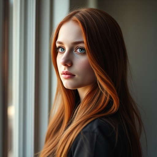 portrait of a young woman with long red hair gazing out a window, natural light filtering through with soft shadows, f/1.8 aperture, ISO 100, 50mm lens, taken with a full-frame DSLR camera, warm tones and high detail.