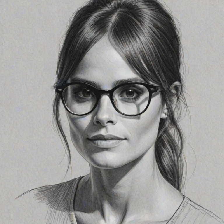 Captivating Jordana Brewster, pencil sketch, portrait of Bewitching woman 1970s in glasses, hair style beatnik, outline, clear lines, fine lines, 8k