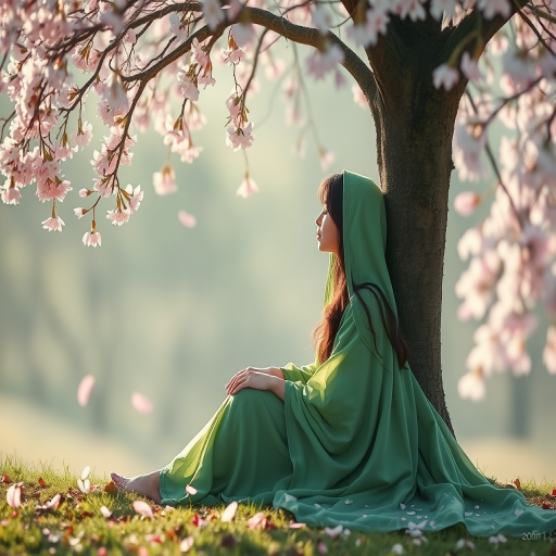 Create a mystical illustration of a serene figure in flowing green robes sitting beneath a blossoming tree, with gentle pink petals cascading down, using a Canon EOS R5, 85mm f/1.2 lens, shot in soft focus with natural light and a pastel color palette.