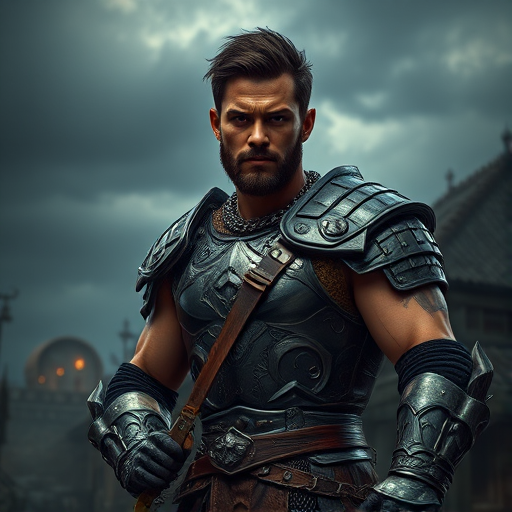 masterpiece, newest, realistic 1 man, manly, facial hair, tensile look, muscular male, village, dark skies, holding weapon, body armour, armour bodysuit, full body, chainmail armour, holy light, vanishing point, wide angle