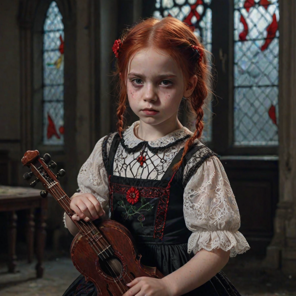 Close up realistic photo of a sad gothic little girl playing (instrument), red hair messy pigtails, black lace white dress with red detailed embroidery, abandoned gothic room with stained glass, closed eyes, horror cinematic lighting, dark fantasy, 4k, hdr,  uhd, detailed dress