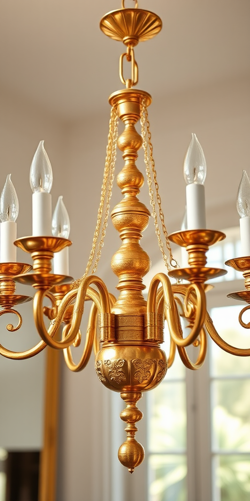 Create a high-resolution image of an elegant golden chandelier with eight candle holders, shot with a 50mm lens at f/1.8, in natural light, using a DSLR camera from a front view perspective to emphasize its intricate details and reflective surfaces.
