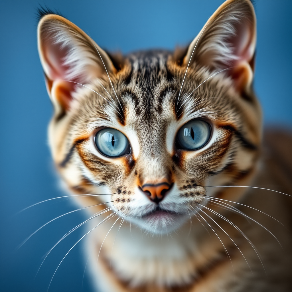 A close-up portrait of a curious grey tabby cat with striking blue eyes, set against a softly blurred blue background, captured with a DSLR camera, f/2.8 aperture, 50mm lens, ISO 200, natural light for enhanced clarity and detail.