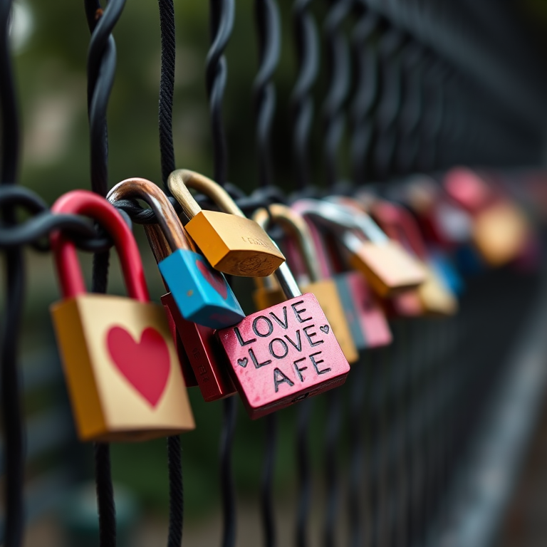photograph of colorful love padlocks on a fence, shallow depth of field, focus on one padlock in the foreground, soft bokeh background, f/2.8 aperture, 50mm lens, ISO 100, natural daylight, shot with a DSLR camera