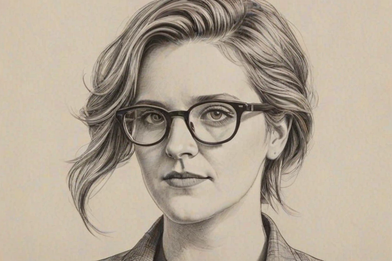 Exquisite Hannah Gadsby, pencil sketch, portrait of Resplendent woman 1974s in glasses, hair style beatnik, outline, clear lines, fine lines, 8k