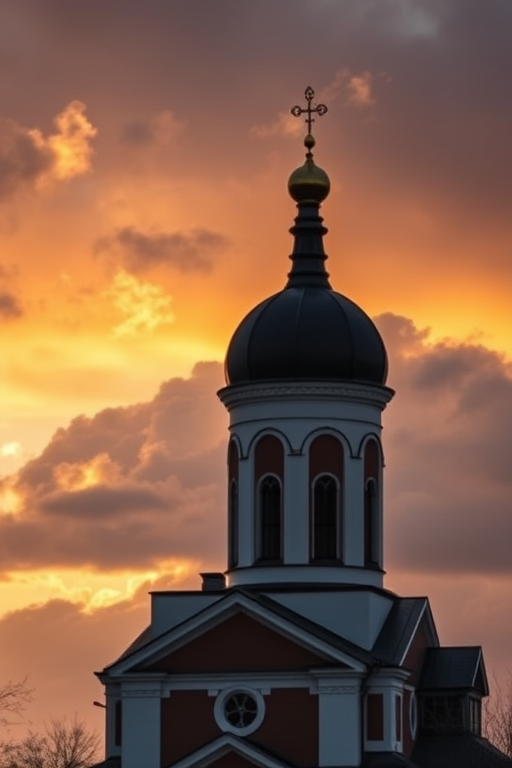 Capture a picturesque sunset view of a church with a tall onion dome, set against a dramatic sky filled with clouds, using a DSLR camera with a 35mm lens, aperture set to f/8, ISO 100, and a shutter speed of 1/200s for clarity and depth.