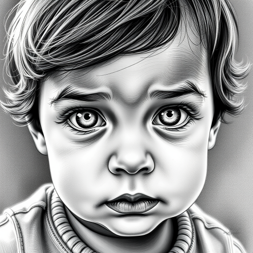 A hyperdetailed photorealistic black and white sketch of a beautiful toddler with deep white eyes, with a macro focus