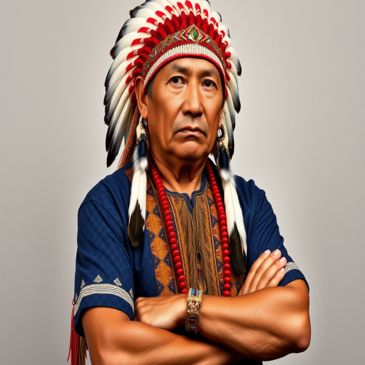 Create a dignified portrait of a Native American man dressed in traditional attire. He wears a beautifully crafted headdress adorned with white feathers and red beads, along with a beaded headband featuring intricate patterns. His clothing includes a deep blue, patterned shirt and a traditional chest piece with detailed beadwork. His arms are crossed, displaying leather armbands decorated with feathers. The background is simple and neutral, emphasizing his proud and stoic expression. The overall image captures the rich cultural heritage and strength of his persona.