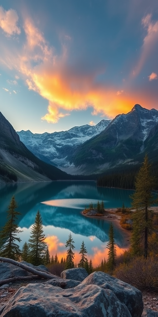 Generate a high-resolution image of a scenic natural landscape featuring a serene lake surrounded by mountains during sunset, using a DSLR camera with a 50mm lens at f/1.8, ISO 100, and a shutter speed of 1/200s, in a wide-angle view to capture expansive scenery.