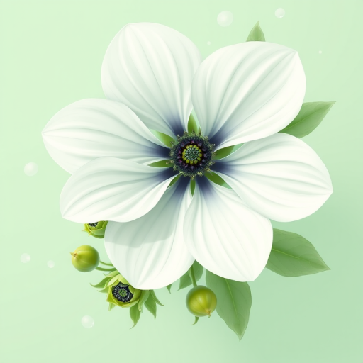Regenerate an illustration of a large white flower with a dark center surrounded by smaller green buds and leaves on a soft mint green background, using a Canon EOS R5 camera, aperture f/5.6, ISO 100, 50mm lens, top-down view, digital illustration style for enhanced quality.
