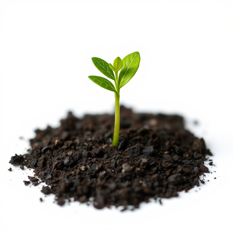 Illustrate a young green plant sprouting from dark soil on a plain white background, captured with a Canon EOS 5D Mark IV at f/2.8, ISO 100, with a shallow depth of field to emphasize the plant, using a macro lens for fine detail.
