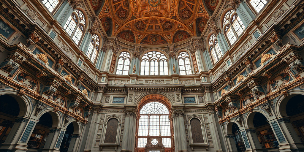 intricate architectural design with ornate details and a symmetrical structure, captured with a DSLR camera at f/8, ISO 200, 24mm lens, with a wide-angle view, using HDR technique to enhance textures and depth