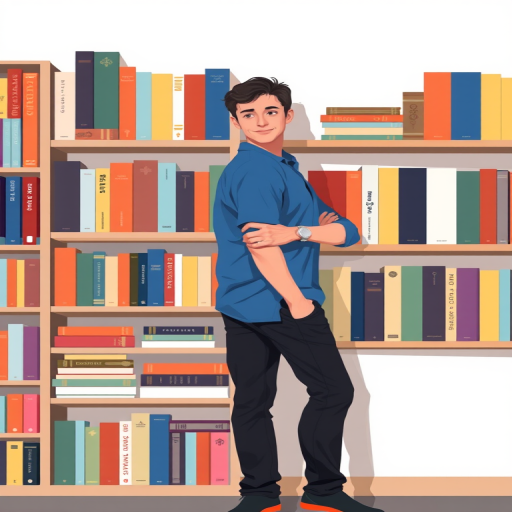 Create a digital illustration of a man in a blue shirt and black pants standing next to a colorful bookshelf filled with books, using a camera type of DSLR, camera style of flat lay, camera settings of f/4, ISO 200, shutter speed 1/100s, and an aperture of 50mm to enhance image quality.