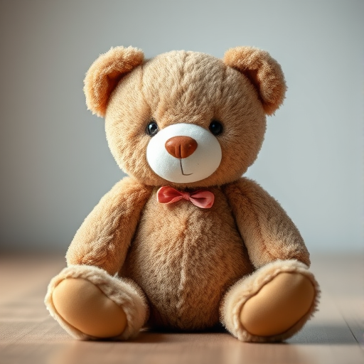 Regenerate a high-resolution image of a plush teddy bear sitting upright, focus on details of the texture and color, use a shallow depth of field, aperture f/2.8, ISO 100, 50mm lens, natural lighting from the front, captured with a DSLR camera.