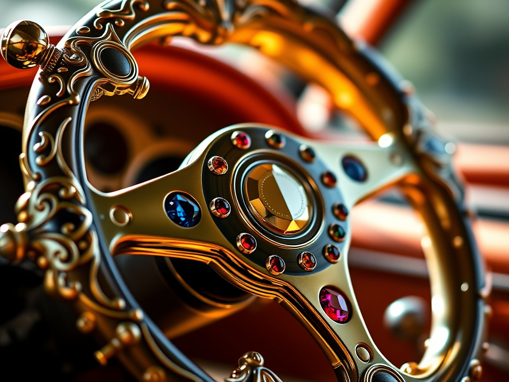 Create a high-resolution illustration of an ornate golden steering wheel with colorful gems inlaid, using a DSLR camera at 50mm f/1.8, ISO 100, with soft natural lighting and a shallow depth of field to emphasize the intricate details and textures.