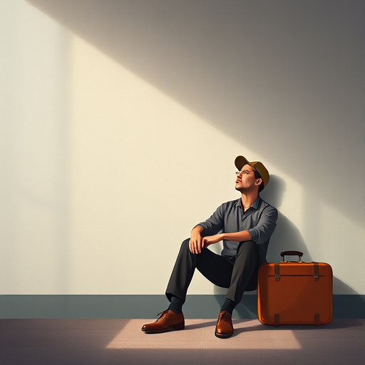Create an illustration of a contemplative man sitting against a wall with a suitcase beside him, using a 50mm lens, f/2.8 aperture, soft natural lighting, and a slight vignette effect to enhance depth and focus.