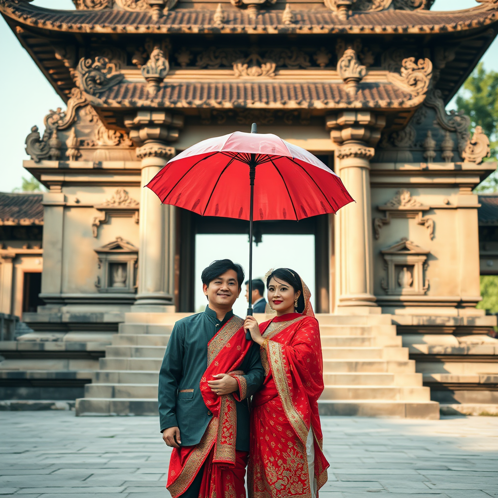 _regenerate the image of a couple in traditional attire standing under an umbrella in front of an ancient temple, captured with a Canon EOS R5 at f/2.8, 50mm lens, ISO 100, in soft natural light for enhanced clarity and detail, wide-angle view for a dramatic background effect_