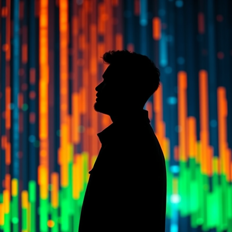 Generate a high-resolution image of a man's silhouette against a vibrant digital data backdrop with glowing columns of light in orange, blue, and green; use a Canon EOS R5 with an 85mm lens, aperture set to f/1.8, ISO 200, and a shutter speed of 1/100s, focus on a cinematic style with soft depth of field.