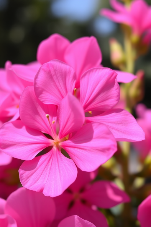 Close-up of vibrant pink flowers with soft petals, natural sunlight illuminating the scene, shallow depth of field, DSLR camera, 50mm lens, f/2.8 aperture, ISO 100.