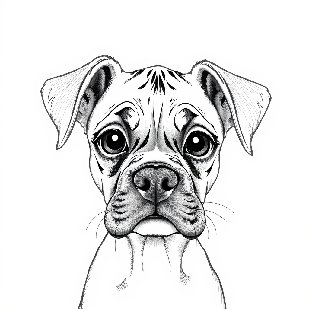 A doodle style pencil sketch illustration of a beautiful young Boxer dog, with large eyes and exaggerated facial features. White background